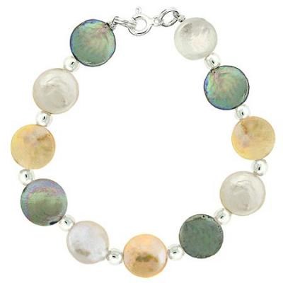 Sterling Silver Iridescent Freshwater Cultured Round Coin Pearl White Green Yellow Bead Bracelet