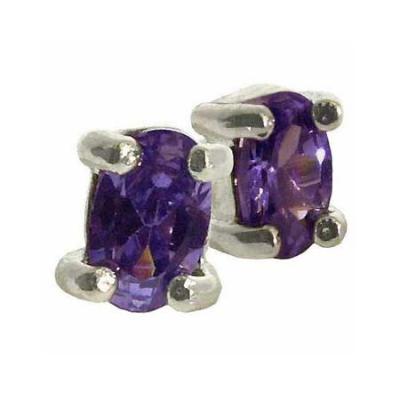 Sterling Silver Amethyst CZ Oval Stud Earrings