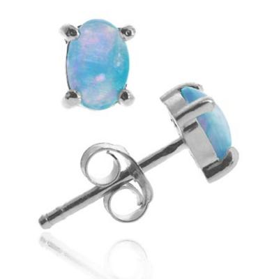 Sterling Silver 6x4 Oval Fiery Created Blue Opal Stud Earrings