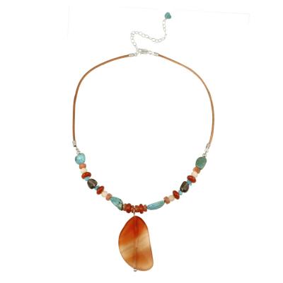 Sterling Silver Aragonite, Carnelian, Smokey Quartz & Created Turquoise Stones Drop Leather Necklace
