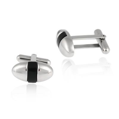 Stainless Steel & Black Enamel Stripe Oval Mens Cufflinks