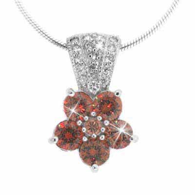 Sterling Silver Simulated Diamond CZ and Orange Cubic Zirconia Pave Flower Pendant