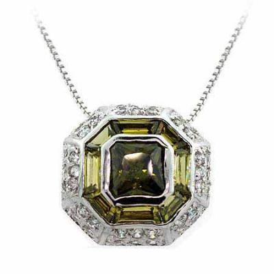 Sterling Silver Modern Octagon Olive Green cz and Simulated Diamond cz Pendant