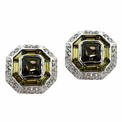 Sterling Silver Olive Green & White CZ Octagon Earrings