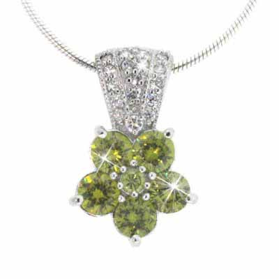 Sterling Silver Simulated Diamond CZ and Olive Cubic Zirconia Pave Flower Pendant