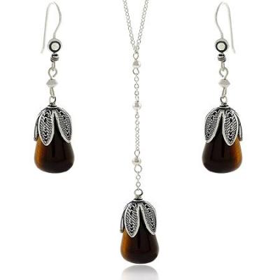 Sterling Silver Tiger Eye Dangle Earrings & Y Necklace Jewelry Set
