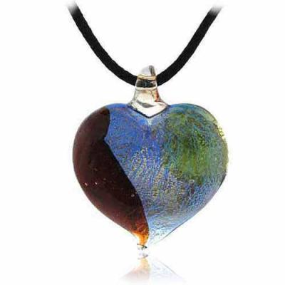Murano Glass Silver Color Red Light Green Dark Blue Glitter Heart Silk Pendant Necklace