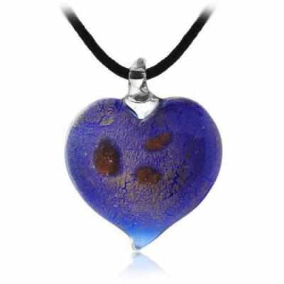 Murano Glass Dark Blue Glitter Heart Silk Pendant Necklace