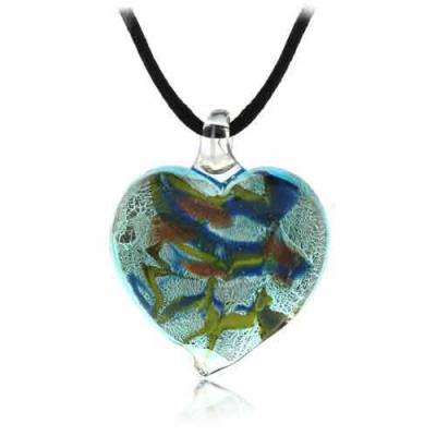 Murano Glass Bronze Gold Color Glitter Blue, Light Green Heart Silk Pendant Necklace