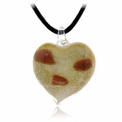 Murano Glass Bronze Gold Color Glitter White Heart Silk Pendant Necklace