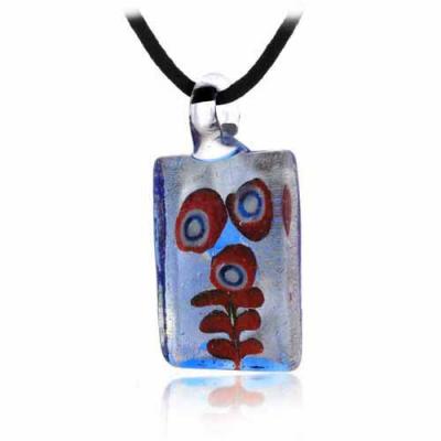 Murano Glass Coral Reef Ocean design Orange Blue Silver Glitter Mini Rectangle Silk Pendant Necklace