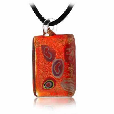 Murano Glass Millefiori Gold Color Glitter, White, Red, Yellow,Blue, Mini Rectangle Silk Pendant Necklace
