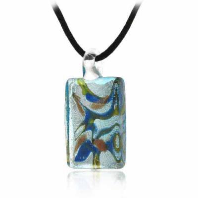 Murano Glass Bronze Silver Color Glitter, Aqua Blue, Green Mini Rectangle Silk Pendant Necklace