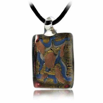 Murano Glass Bronze Color Glitter, Blue, White Mini Brown Rectangle Silk Pendant Necklace