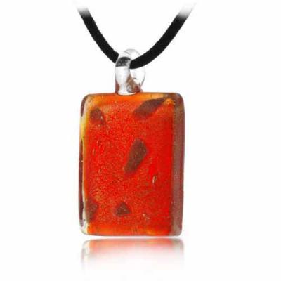 Murano Glass Bronze Gold Color Glitter, Red Mini Rectangle Silk Pendant Necklace