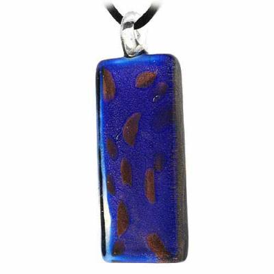 Murano Glass Gold Bronze Color Glitter, Dark Blue Rectangle Silk Pendant Necklace