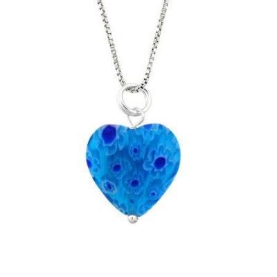 Murano Glass Sterling Silver Bead Dark Light Blue Millefiori Flower Heart Pendant