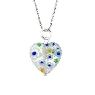 Summer Murano Glass Sterling Silver Bead Spring Green Millefiori Flower Heart Pendant