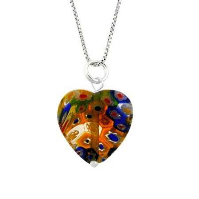 Sterling Silver Murano Glass Multi Color Millefiori Heart Pendant