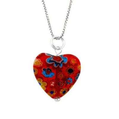 Murano Glass Sterling Silver Bead Red Multi Color Millefiori Flower Heart Pendant