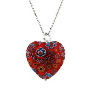 Murano Glass Sterling Silver Bead Red Multi Color Millefiori Flower Heart Pendant