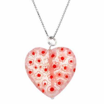 Murano Glass Sterling Silver Bead Red White Millefiori Flower Heart Pendant