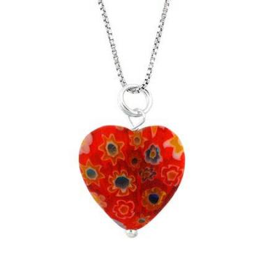 Summer Murano Glass Sterling Silver Bead Orange Millefiori Flower Heart Pendant
