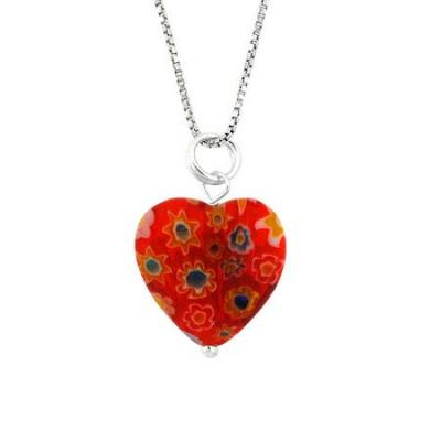 Summer Murano Glass Sterling Silver Bead Orange Millefiori Flower Heart Pendant
