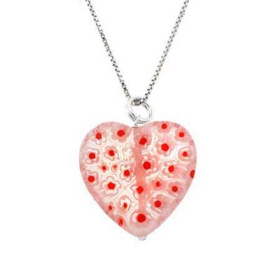 Murano Glass Sterling Silver Bead Orange White Millefiori Flower Heart Pendant