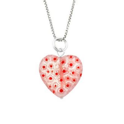 Murano Glass Sterling Silver Bead Orange White Millefiori Flower Heart Pendant