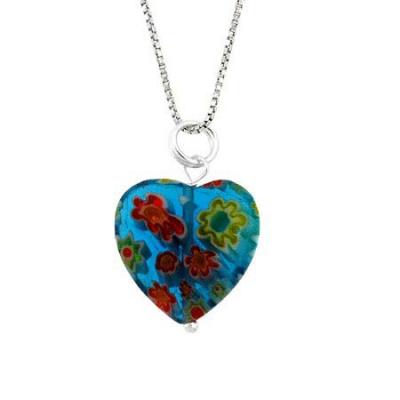 Summer Murano Glass Sterling Silver Bead Blue Millefiori Flower Heart Pendant