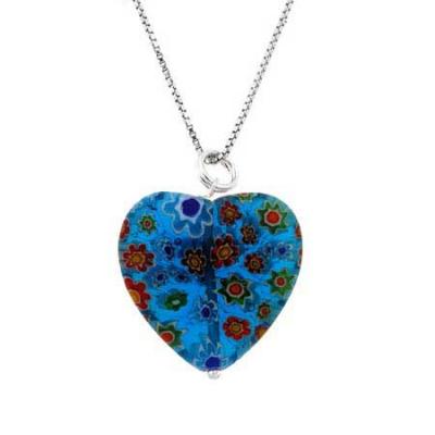 Summer Murano Glass Sterling Silver Bead Blue Millefiori Flower Heart Pendant