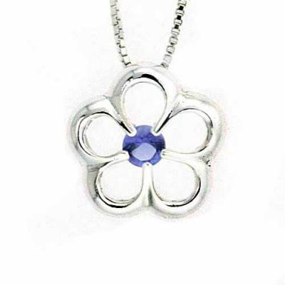 Modern Sterling Silver Daisy Flower Pendant with Simulated Tanzanite CZ