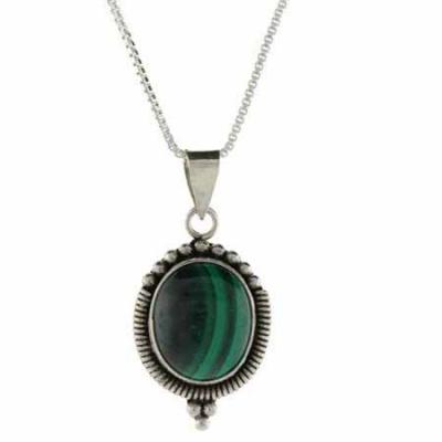 Sterling Silver Genuine Malachite Stone Beaded Oval Pendant