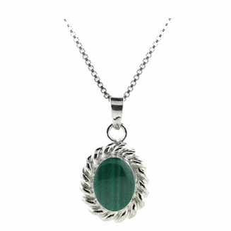 Sterling Silver Malchite Oval Twisted Border Pendant
