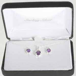 Sterling Silver Amethyst CZ Pendant & Stud Earring Jewelry Set
