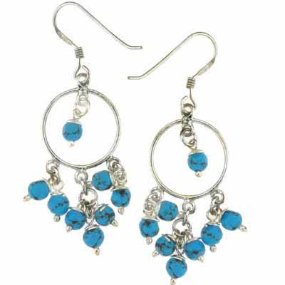 Turquoise Stone Beads Chandelier Hoop Silver Earrings