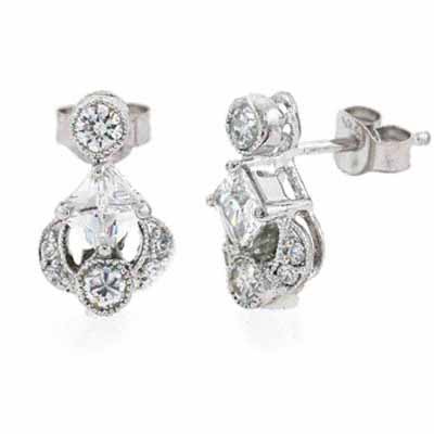 Sterling Silver Round Princess Diamond CZ Drop Earrings
