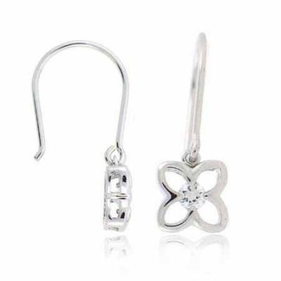 Sterling Silver Simulated Diamond CZ Fish Hook Flower Earrings