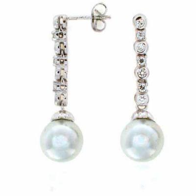 Sterling Silver Simulated Diamond CZ Glass Simulated Pearl Drop Bridal/Wedding Earrings