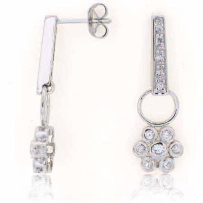 Sterling Silver Simulated Diamond CZ Bar and Flower Drop Earings