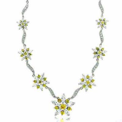 Sterling Silver Yellow cz Flower and Simulated Diamond CZ Necklace