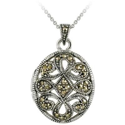 Sterling Silver Antique-Styled Marcasite Locket Necklace