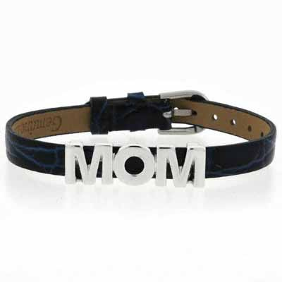 Sterling Silver Blue Leather Mom Bracelet