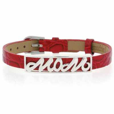 Sterling Silver `MOM` Red Leather Bracelet