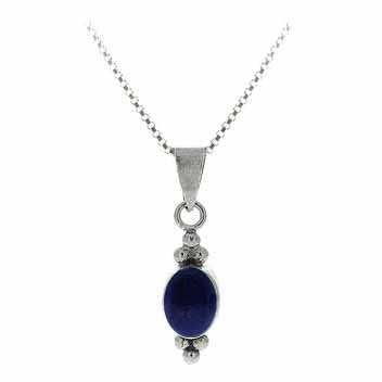 Sterling Silver Bali Bead Genuine Lapis Stone Oval Pendant