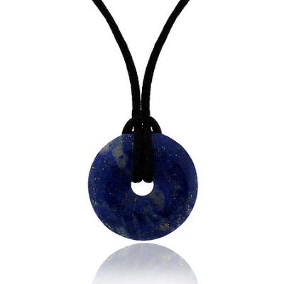 Sterling Silver .925 Genuine Denim Lapis Stone Disc Black Silk Cord Necklace 16'
