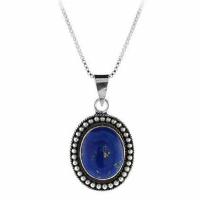 Sterling Silver Lapis Stone  Bali Bead Oval Pendant