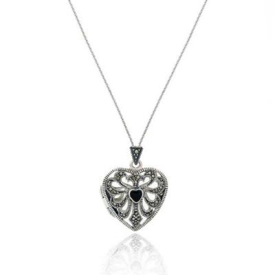 Sterling Silver Marcasite & Onyx Heart Locket Pendant