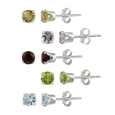 Sterling Silver 4mm Round Amethyst, Citrine, Peridot, Garnet, and Blue Topaz Stud Earring Set